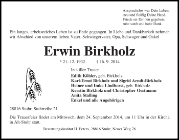 Traueranzeigen Von Erwin Birkholz Trauer Gedenken