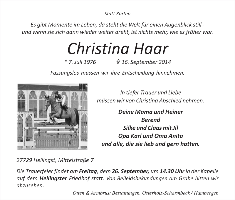  Traueranzeige für Christina Haar vom 20.09.2014 aus Osterholzer Kreisblatt