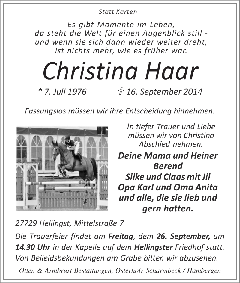  Traueranzeige für Christina Haar vom 20.09.2014 aus WESER-KURIER