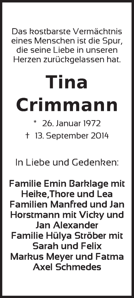  Traueranzeige für Tina Crimmann vom 20.09.2014 aus WESER-KURIER