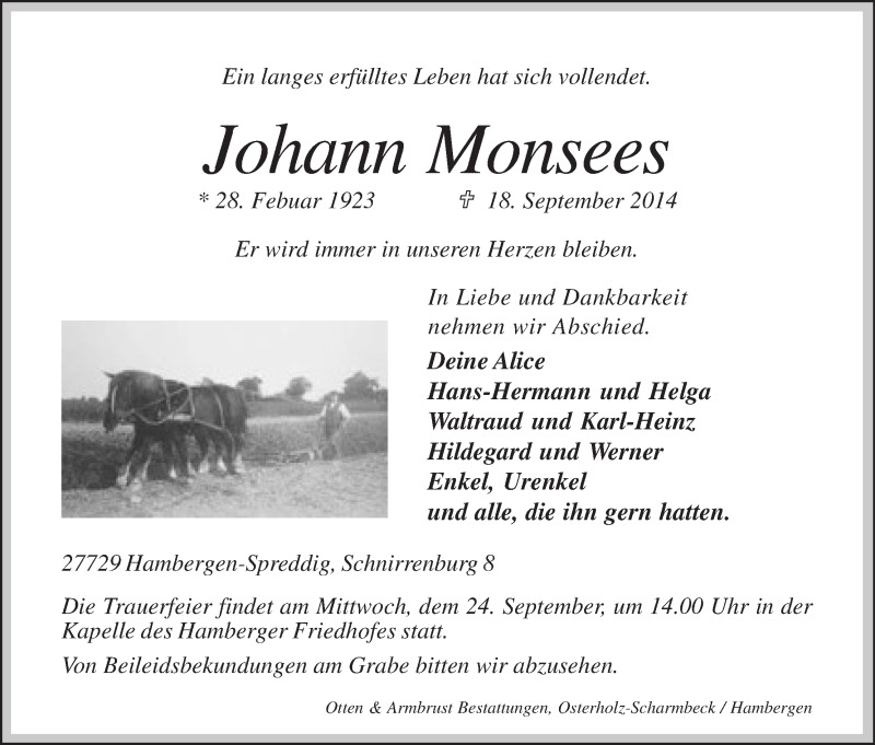  Traueranzeige für Johann Monsees vom 22.09.2014 aus Osterholzer Kreisblatt