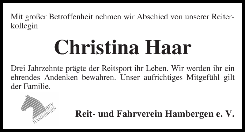  Traueranzeige für Christina Haar vom 23.09.2014 aus Osterholzer Kreisblatt