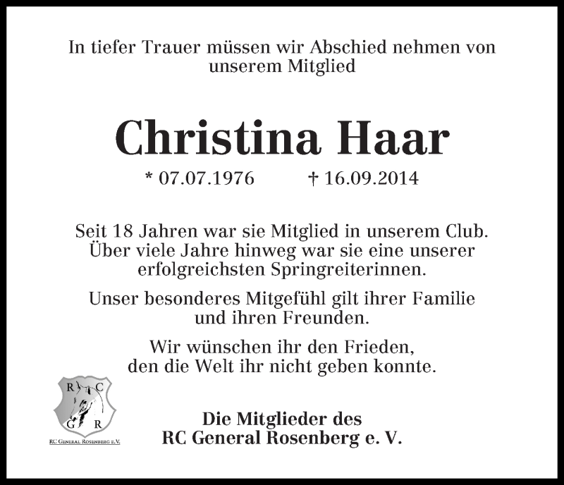  Traueranzeige für Christina Haar vom 23.09.2014 aus Die Norddeutsche