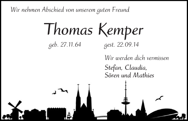  Traueranzeige für Thomas Kemper vom 25.09.2014 aus Die Norddeutsche