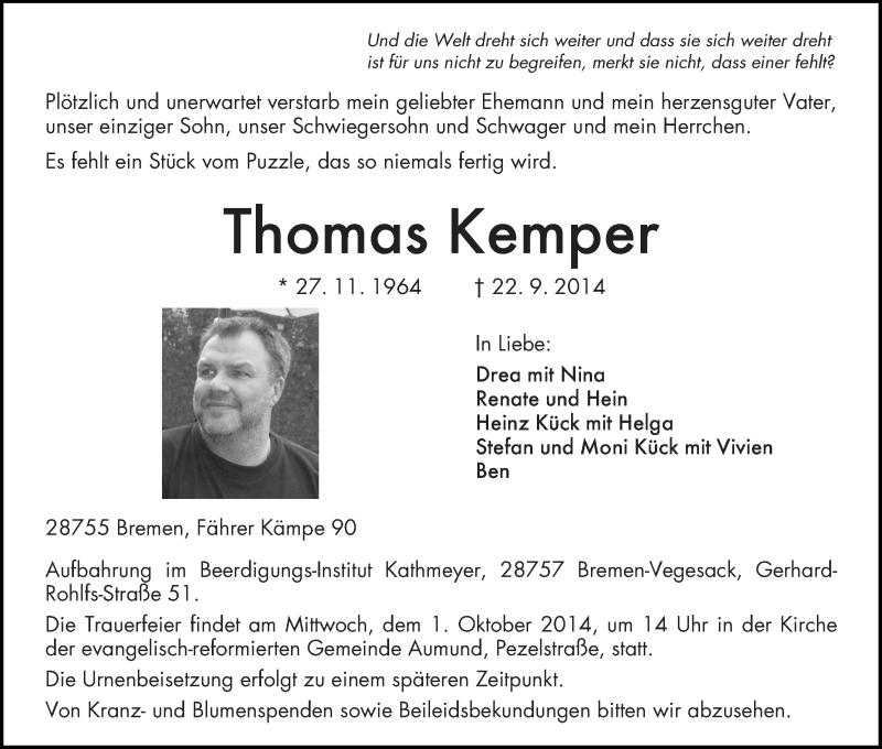  Traueranzeige für Thomas Kemper vom 25.09.2014 aus Regionale Rundschau/Syker Kurier