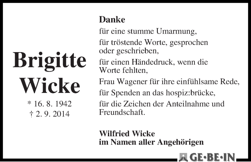  Traueranzeige für Brigitte Wicke vom 30.09.2014 aus WESER-KURIER