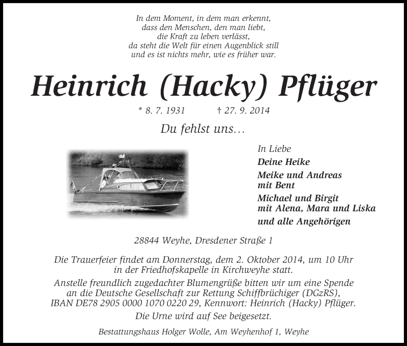  Traueranzeige für Heinrich (Hacky) Pflüger vom 30.09.2014 aus WESER-KURIER