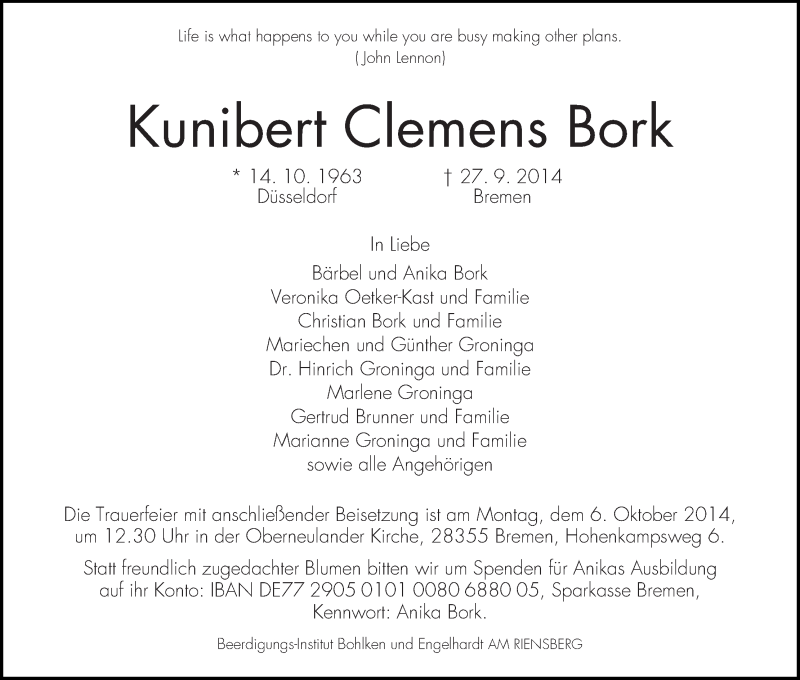  Traueranzeige für Kunibert Clemens Bork vom 01.10.2014 aus WESER-KURIER