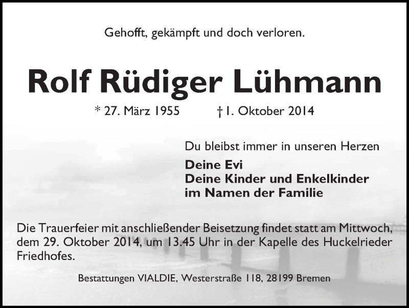  Traueranzeige für Rolf Rüdiger Lühmann vom 04.10.2014 aus WESER-KURIER