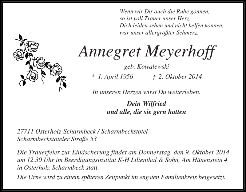  Traueranzeige für Annegret Meyerhoff vom 07.10.2014 aus Osterholzer Kreisblatt