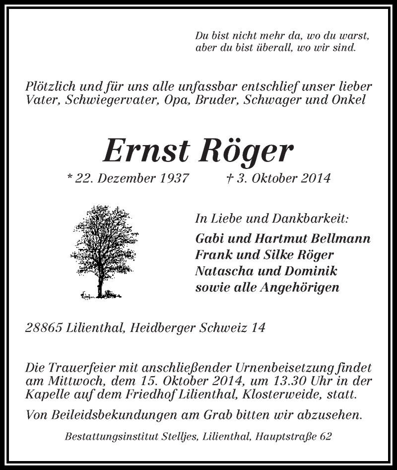 Traueranzeige für Ernst Röger vom 11.10.2014 aus Wuemme Zeitung