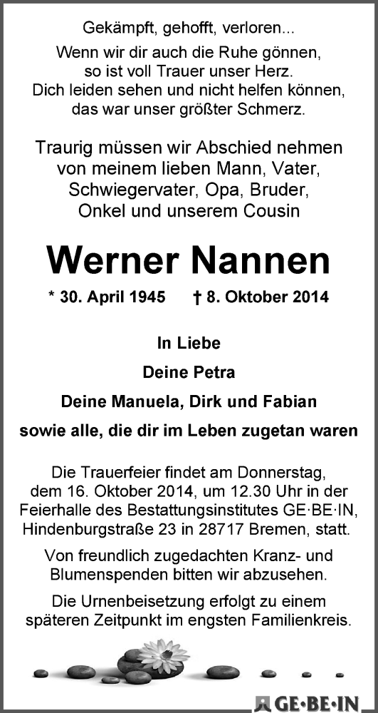  Traueranzeige für Werner Nannen vom 11.10.2014 aus WESER-KURIER