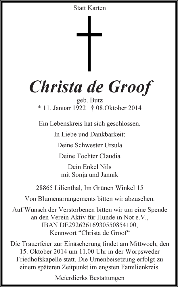  Traueranzeige für Christa de Groof vom 13.10.2014 aus Wuemme Zeitung