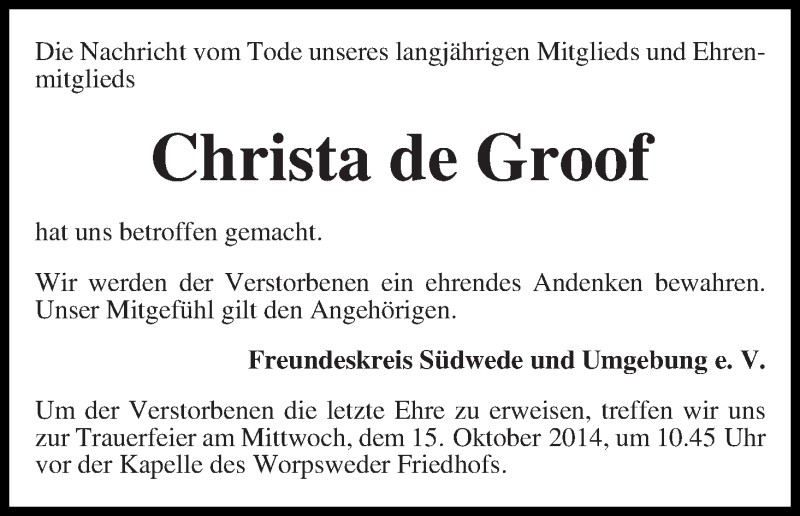  Traueranzeige für Christa de Groof vom 13.10.2014 aus Wuemme Zeitung
