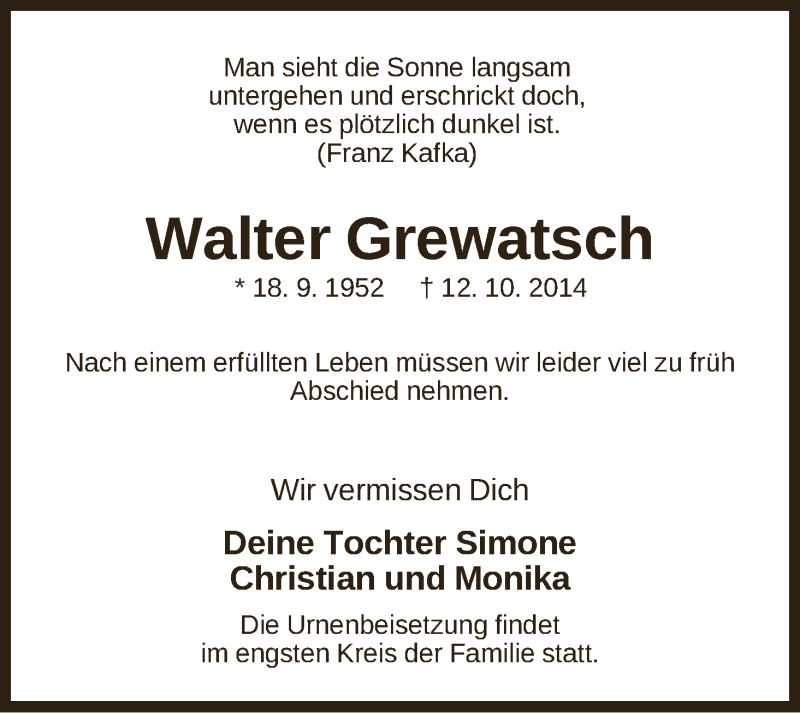  Traueranzeige für Walter Grewatsch vom 18.10.2014 aus WESER-KURIER