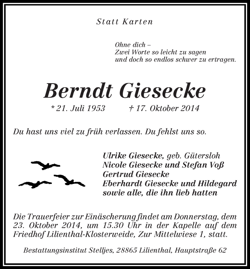  Traueranzeige für Berndt Giesecke vom 20.10.2014 aus WESER-KURIER
