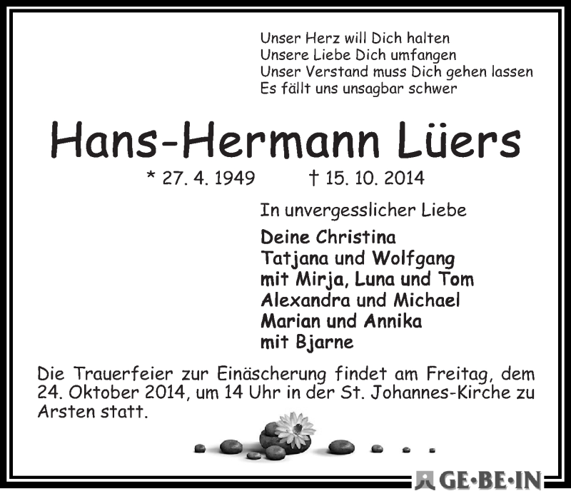 Traueranzeige für Hans-Hermann Lüers vom 22.10.2014 aus WESER-KURIER