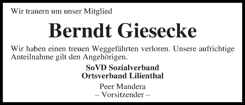  Traueranzeige für Berndt Giesecke vom 22.10.2014 aus Wuemme Zeitung