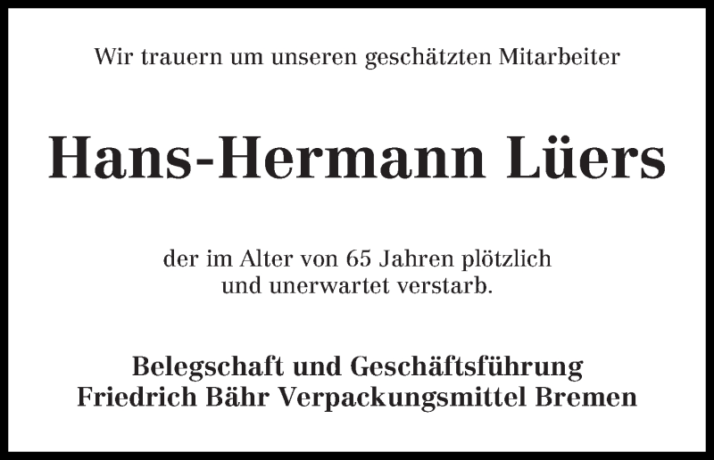  Traueranzeige für Hans-Hermann Lüers vom 22.10.2014 aus WESER-KURIER