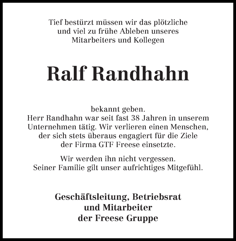  Traueranzeige für Ralf Randhahn vom 25.10.2014 aus WESER-KURIER