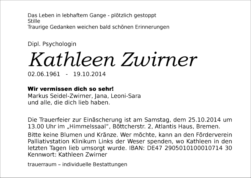  Traueranzeige für Kathleen Zwirner vom 24.10.2014 aus WESER-KURIER