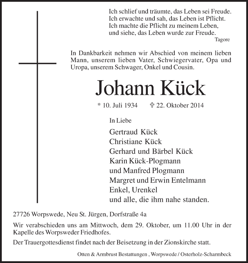  Traueranzeige für Johann Kück vom 24.10.2014 aus Osterholzer Kreisblatt