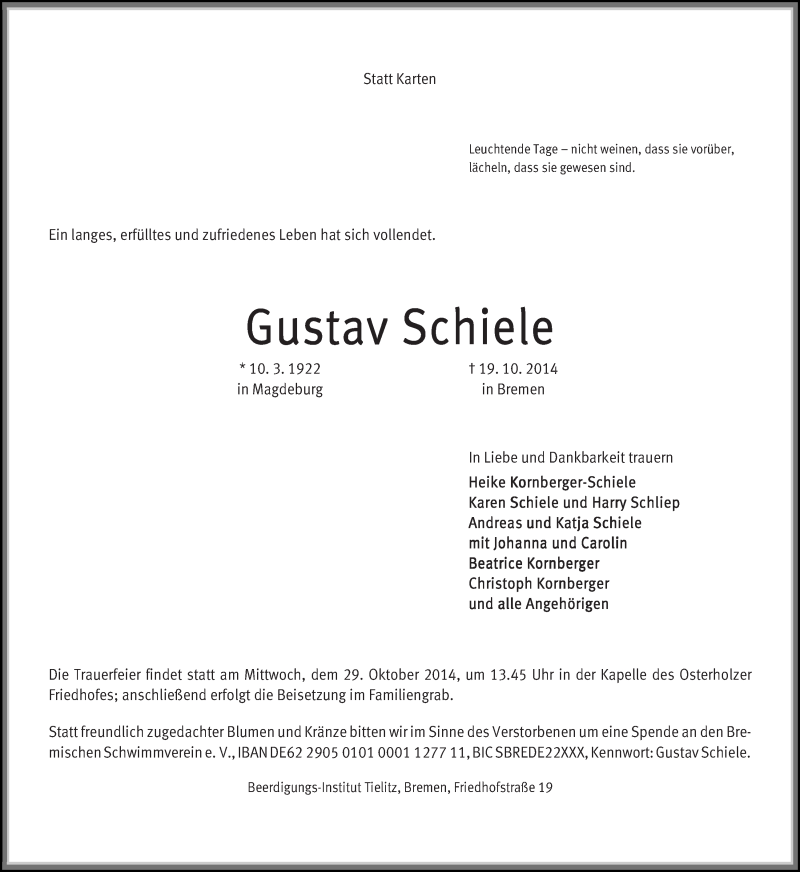  Traueranzeige für Gustav Schiele vom 25.10.2014 aus WESER-KURIER