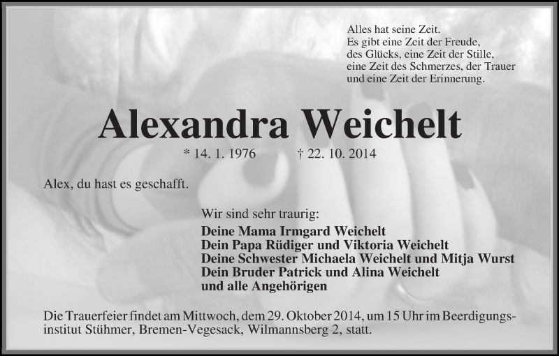  Traueranzeige für Alexandra Weichelt vom 25.10.2014 aus Die Norddeutsche
