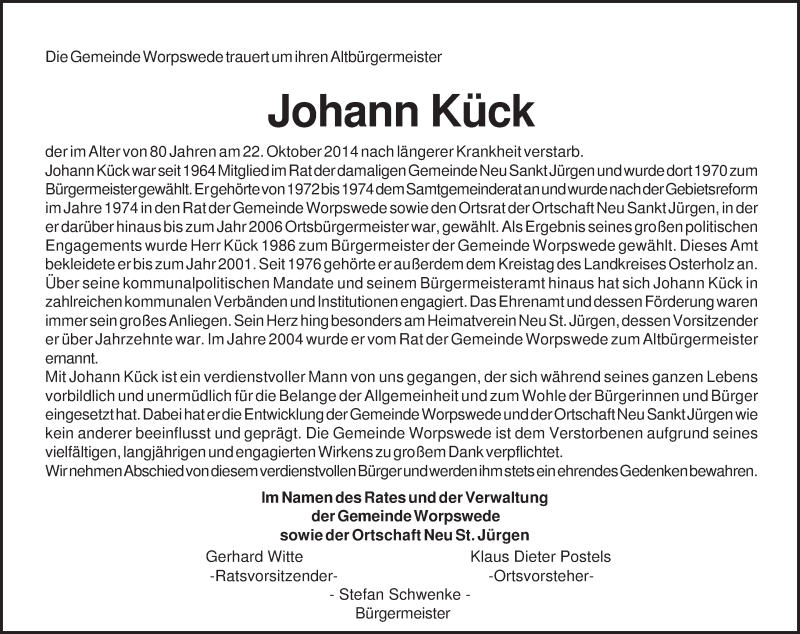  Traueranzeige für Johann Kück vom 25.10.2014 aus Osterholzer Kreisblatt