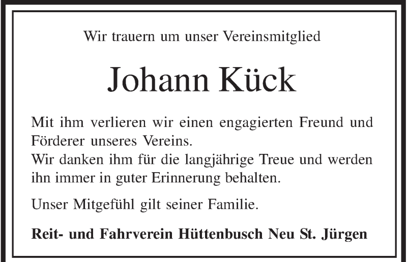  Traueranzeige für Johann Kück vom 27.10.2014 aus Wuemme Zeitung