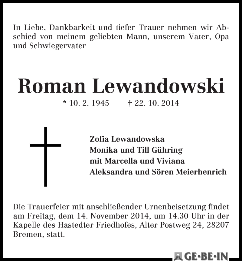  Traueranzeige für Roman Lewandowski vom 01.11.2014 aus WESER-KURIER
