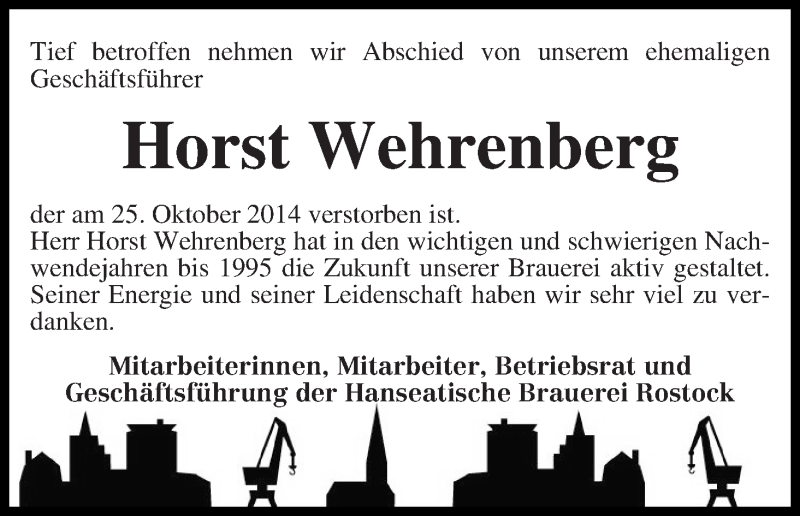  Traueranzeige für Horst Wehrenberg vom 29.10.2014 aus WESER-KURIER