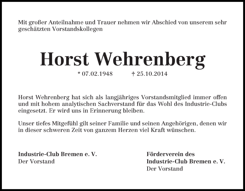  Traueranzeige für Horst Wehrenberg vom 29.10.2014 aus WESER-KURIER
