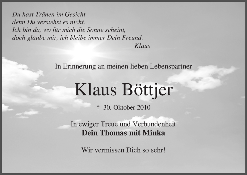 Traueranzeige für Klaus Böttjer vom 30.10.2014 aus Osterholzer Kreisblatt