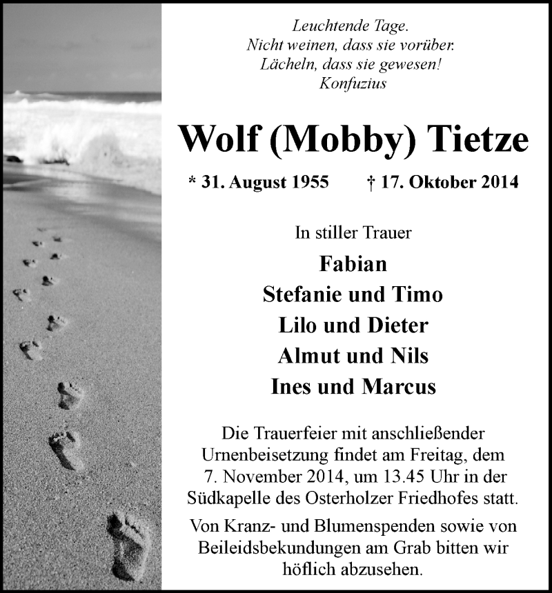  Traueranzeige für Wolf (Mobby) Tietze vom 01.11.2014 aus WESER-KURIER
