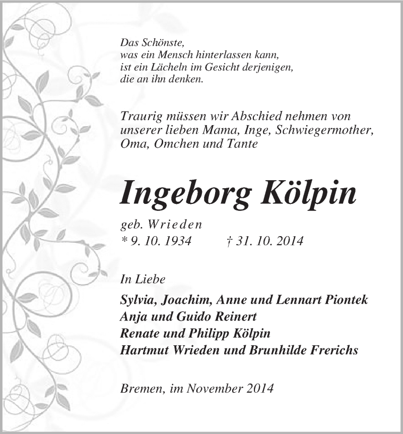  Traueranzeige für Ingeborg Kölpin vom 05.11.2014 aus WESER-KURIER