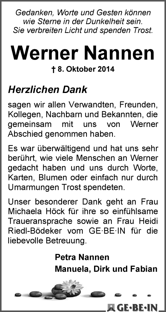  Traueranzeige für Werner Nannen vom 08.11.2014 aus WESER-KURIER