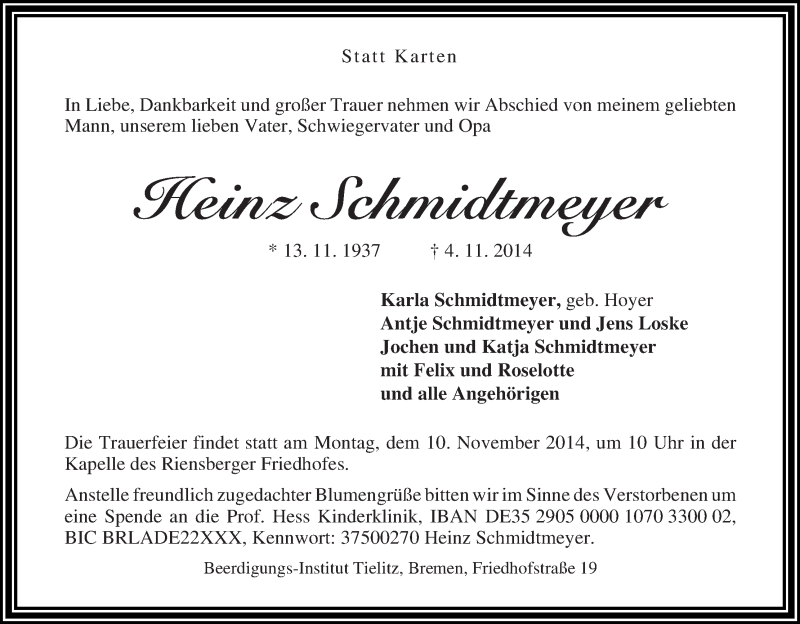  Traueranzeige für Heinz Schmidtmeyer vom 08.11.2014 aus WESER-KURIER