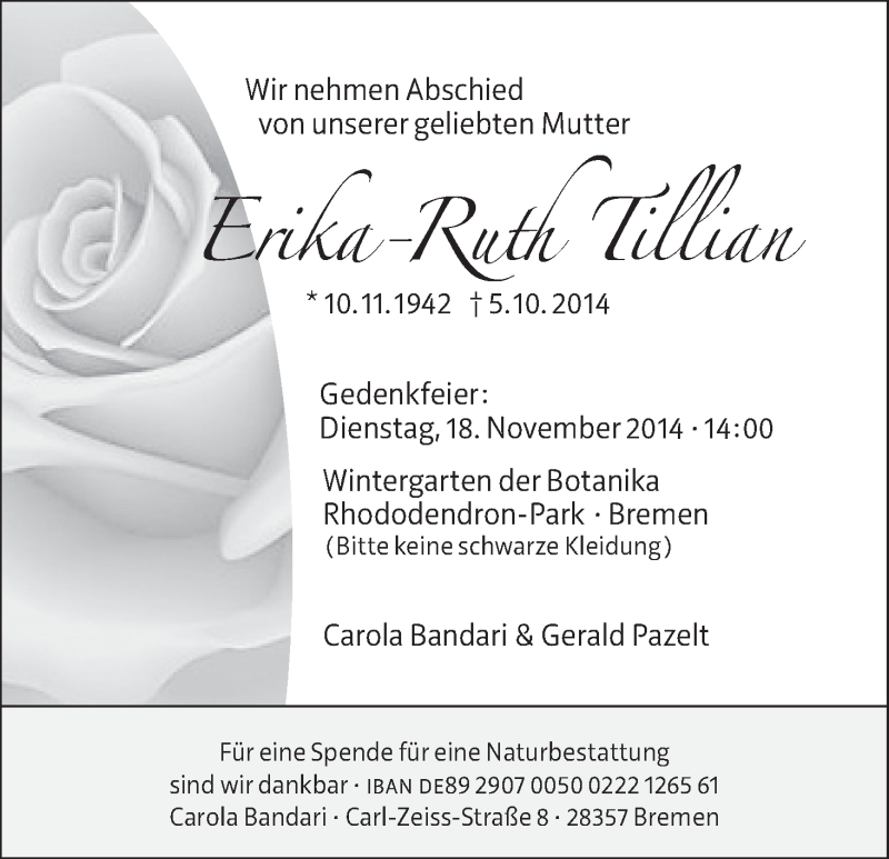  Traueranzeige für Erika-Ruth Tillian vom 08.11.2014 aus WESER-KURIER