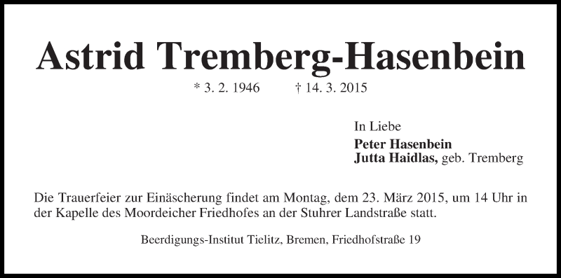 Traueranzeige von Astrid Tremberg-Hasenbein von WESER-KURIER