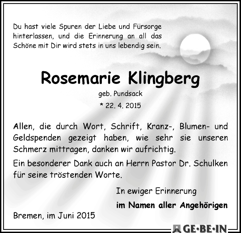 Traueranzeige von Rosemarie Klingberg von WESER-KURIER