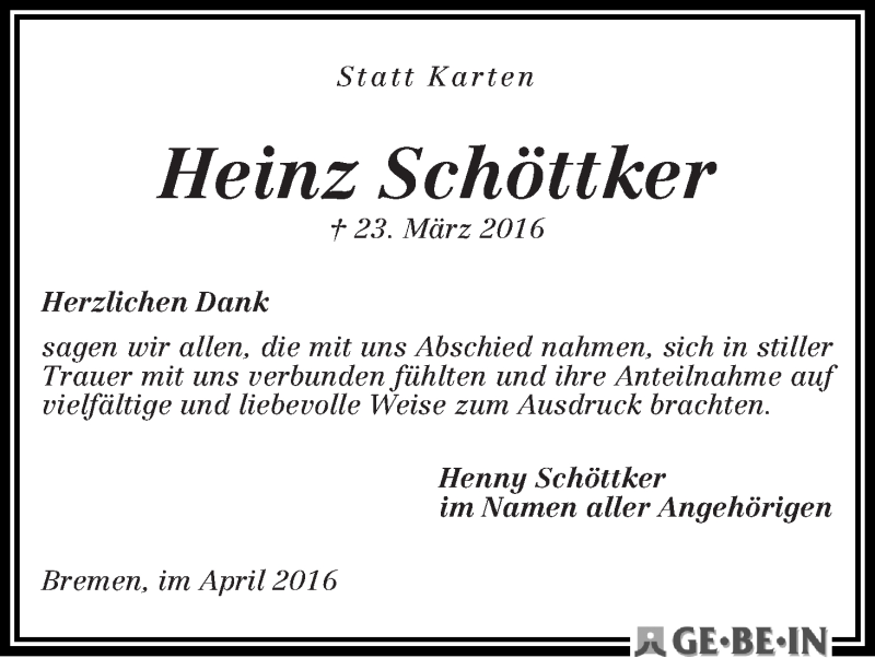 Traueranzeige von Heinz Schöttker von WESER-KURIER