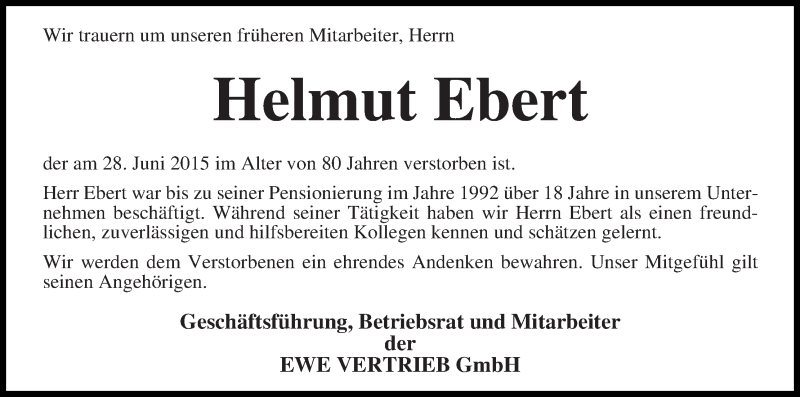 Traueranzeige von Helmut Ebert von WESER-KURIER