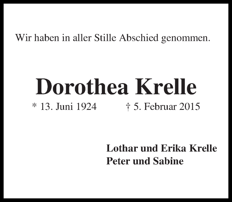 Traueranzeige von Dorothea Krelle von Die Norddeutsche
