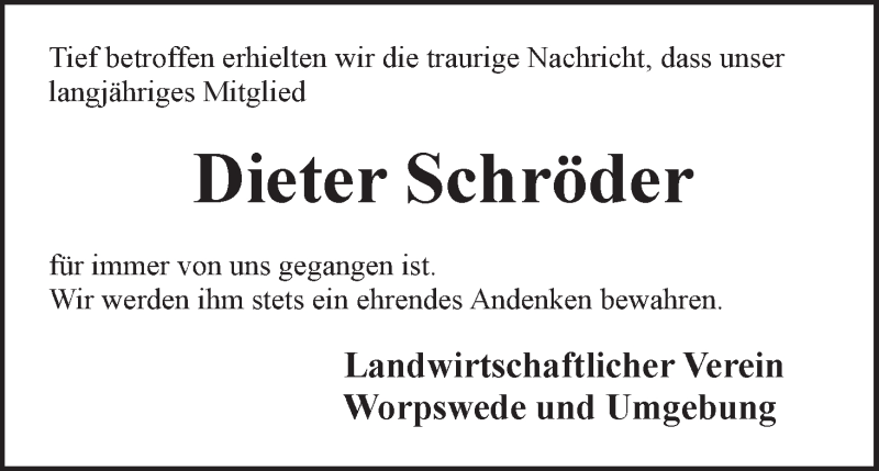 Traueranzeige von Dieter Schröder von Wuemme Zeitung