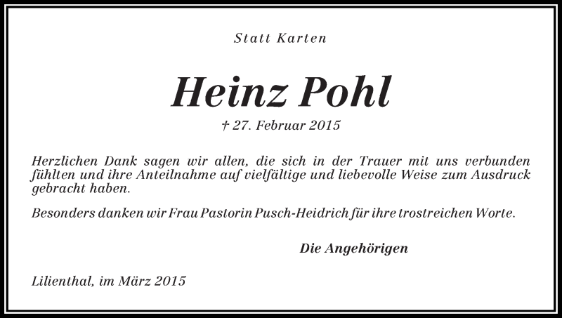 Traueranzeige von Heinz Pohl von Wuemme Zeitung