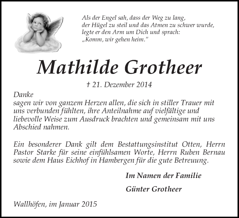 Traueranzeige von Mathilde Grotheer von Osterholzer Kreisblatt
