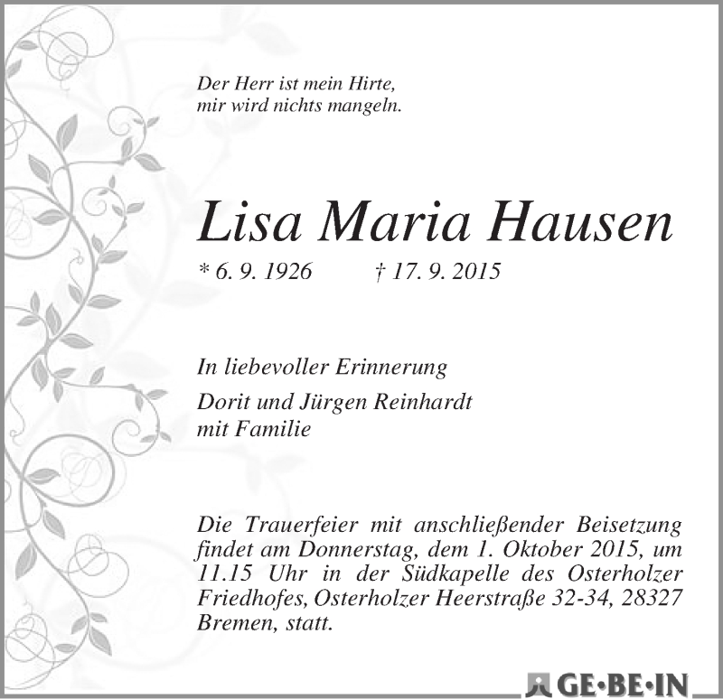 Traueranzeige von Lisa Maria Hausen von WESER-KURIER