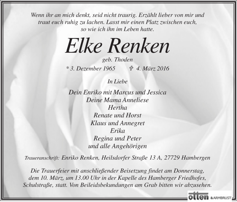 Traueranzeige von Elke Renken von Osterholzer Kreisblatt