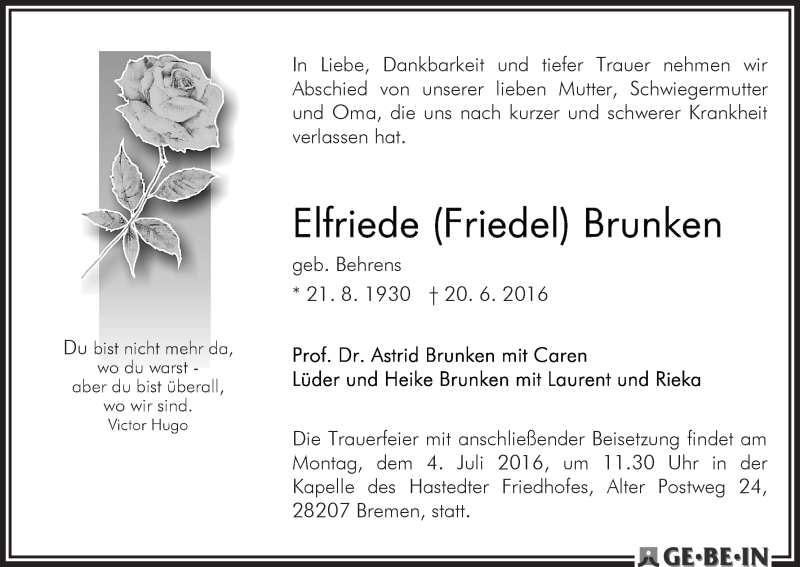 Traueranzeige von Elfriede (Friedel) Brunken von WESER-KURIER